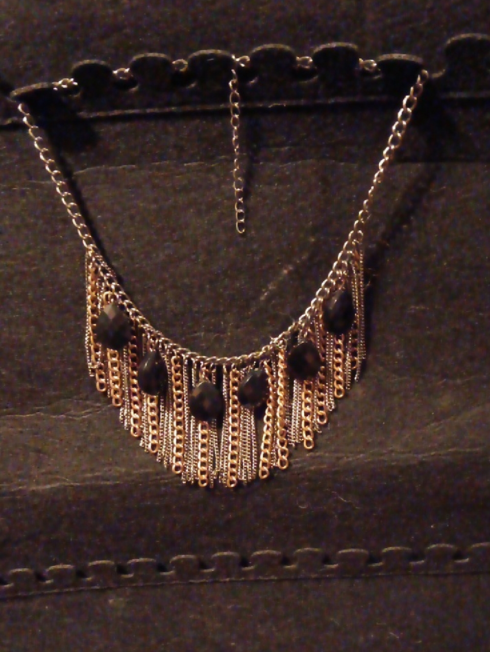 Gold-Tone Fringe Necklace with Black Teardrop Accents